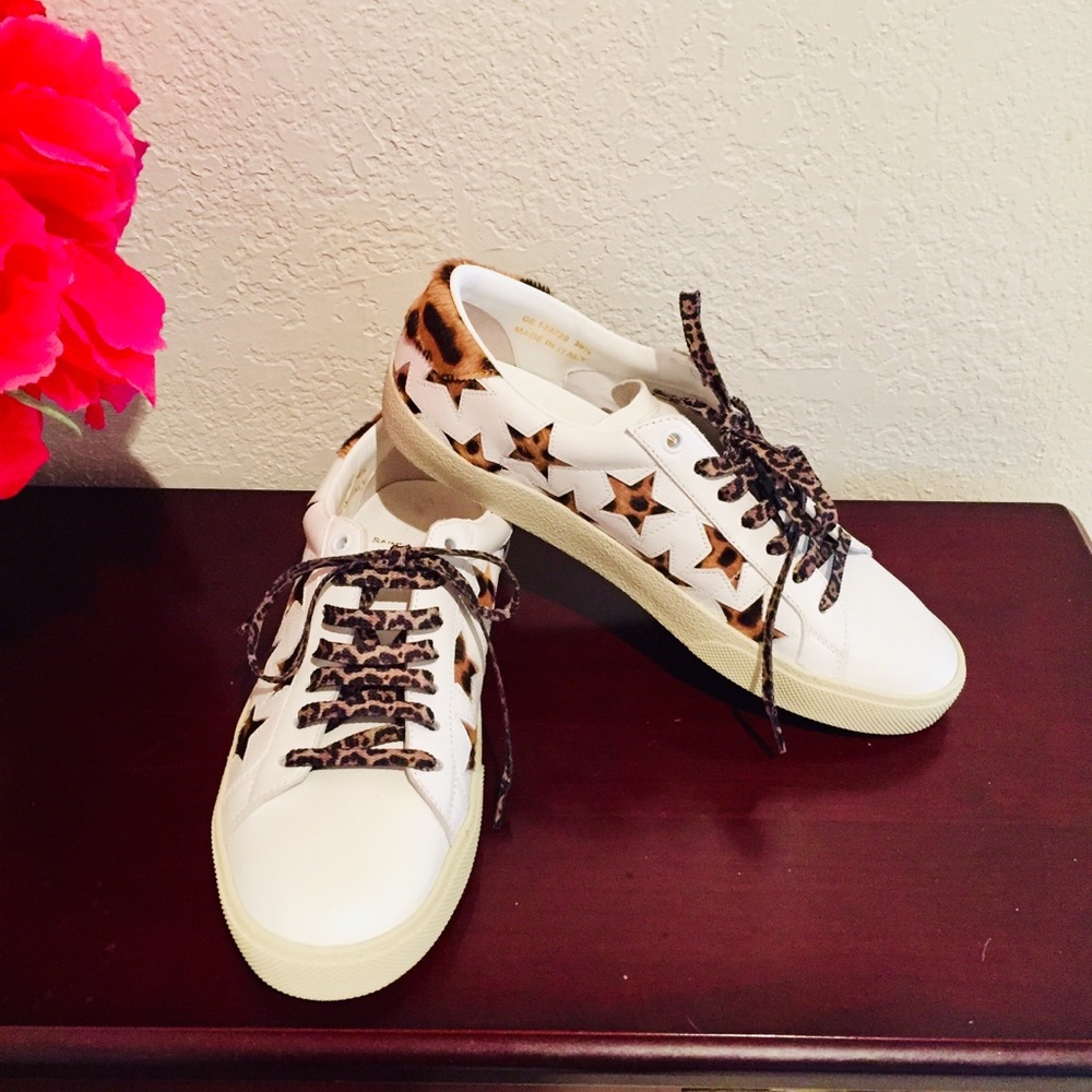 St Laurent Court Classic Leopard Sneakers Leather